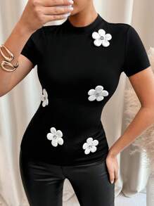 SHEIN Clasi 女士手工花卉 3D 缀饰立领短袖 T 恤 - 黑色 - 查看 5
