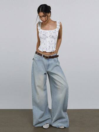 Athîral 女式碎花碎花印花紧身胸衣荷叶边吊带上衣，春夏复活节