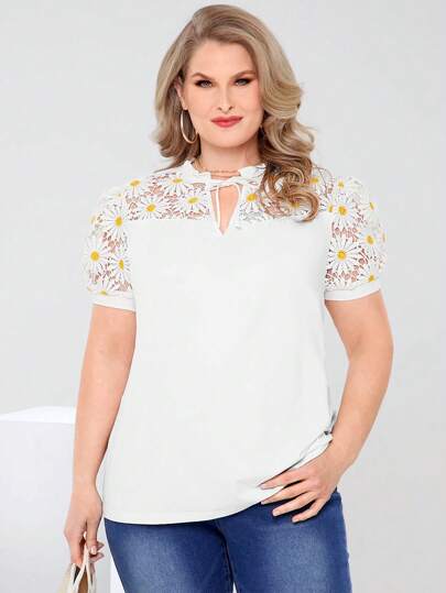 EMERY ROSE 加大码雏菊蕾丝拼布优雅衬衫、夏装、女士度假装/度假装、波西米亚风女装