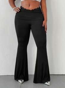 Maweii Plus Size Women Solid Color Waist Insert Lace Flare Pants - Black - View 1