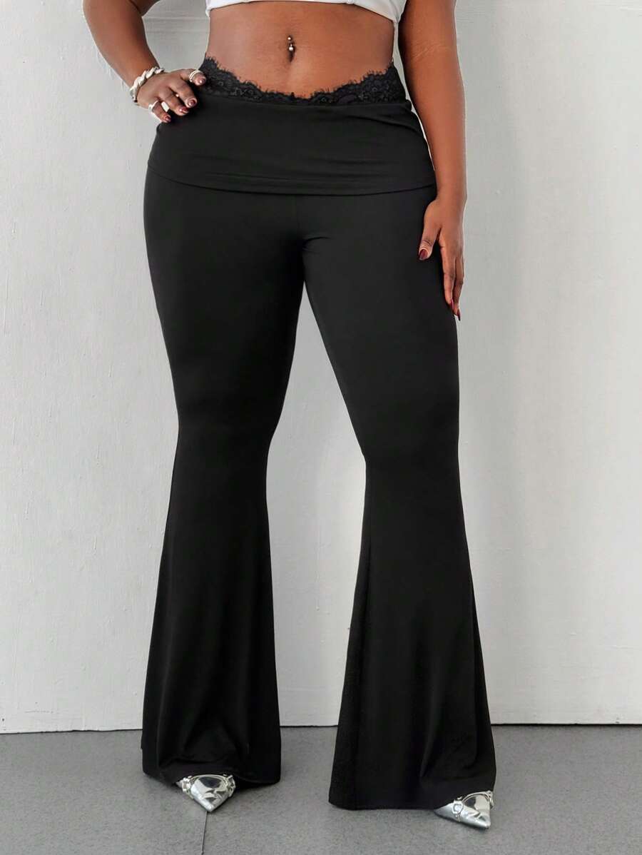Maweii Plus Size Women Solid Color Waist Insert Lace Flare Pants - Black - View 1