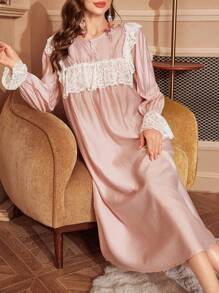 Vintage Palace Style Lace Patchwork 3/4 Sleeve Loose Women Long Nightgown - Dusty Pink - View 1