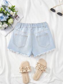 SHEIN Teen Girl Spring Summer Break Boho Light Blue Low Waist Denim Ripped Shorts With Raw Hem, Summer Beach Concert Rave Festival