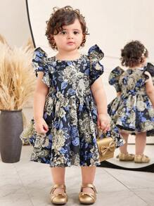 SHEIN Summer Cute & Elegant Black Floral Pattern Babygirl Dress - Black - View 5