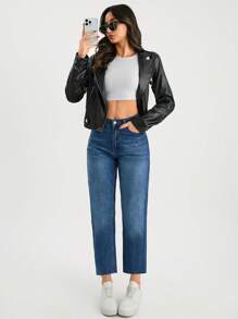 EURMUSE 高腰斜口袋休闲基本款洗水妈妈牛仔裤 - 中等水洗藍 - 查看 5