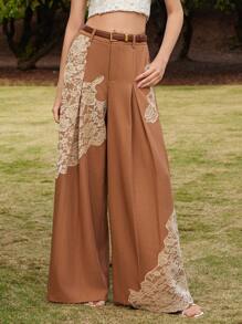 Anewsta High Waist Flowy Wide Leg Lace Applique And Rhinestone Detail Women's Pants, Suitable For Spring And Summer - Khaki - View 6