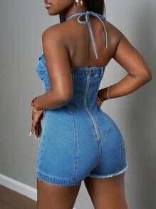 Slaydiva Casual Summer Street Slim Lace-Up Mini Romper - Light Blue - Baby Blue - View 2