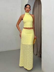 SHEIN BAE Summer Beach Vacation Solid Light Yellow Bow Halter Neck Suit Vest Suit Skirt Suit, Suitable For Daily Dating, Night Out, Nightclubs, Parties, Get-Togethers, Cocktail Parties, Pool Parties, Back-To-School Season Clothes, Back-To-School Season Dresses, Holiday Dresses, Music Festival Clothes, Country Music Festival Clothes, Concert Clothes - Mustard Yellow - View 6