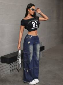 SHEIN ICON Women's Casual Washed Distressed Wide Leg Cargo Jeans - Navy Blue - View 4