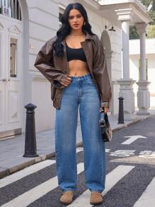 SHEIN Essnce Jeans de pierna ancha y cintura media versátiles y de moda para mujer - Lavado ligero - Ver 5