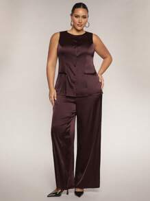SHEIN BAE Plus Size Women High-Street Purple Red Satin Blazer Vest Top, Wide Leg High Waist Loose Pants, 2pcs Set Suitable For Everyday, Night Out, Date, Party, Afternoon Tea, Concert