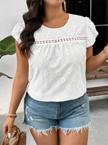 SHEIN Frenchy Camiseta de manga corta con patchwork de encaje, ideal para el ocio y las vacaciones, talla grande - Blanco - Ver 4