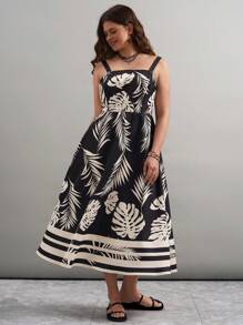 SHEIN LUNE SHEINLUNE 大码黑白植物花卉印花吊带连衣裙 春假波西米亚风狂欢服装 节日春假服装 老钱风格女士狂欢服装 音乐会服装女士狂欢服装 节日狂欢服装 乡村音乐会服装 纳什维尔服装 伊比沙岛服装 西部服装女士 波西米亚风度假服装女士 图案热带度假女装