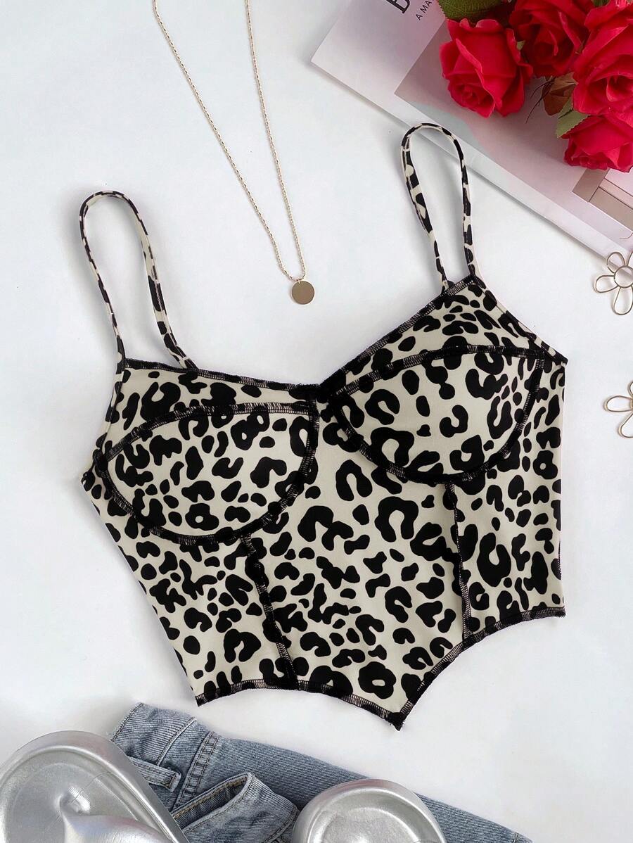 SHEIN EZwear 豹纹针织吊带背心，女式修身短款 - 黑色 - 查看 1