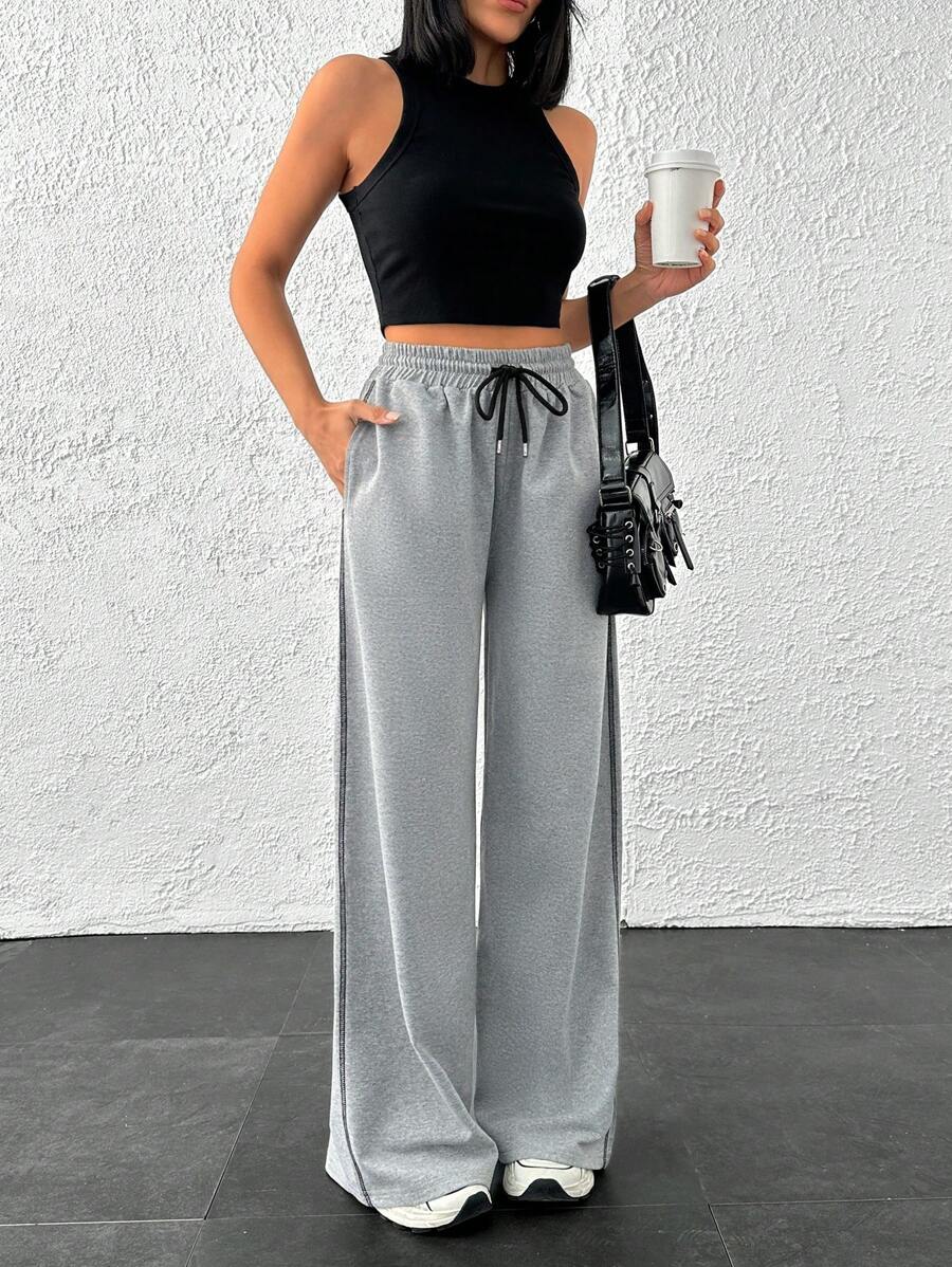 EURMUSE Women Side Stripe And Drawstring Detailed Sweatpant - Light Grey - View 1