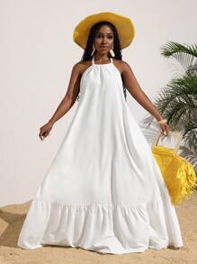 Slaydiva Summer Casual Vacation Sleeveless Ruffle Hem A-Line Long Dress For Women - White - View 4