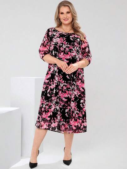 EMERY ROSE Plus Size Women Floral Print Round Neck Short Sleeve Elegant Dress, Suitable For Vacation,Elegant Women Clothes,Summer Outfits For Women/Summer,Summer Clothes,Modest Clothes