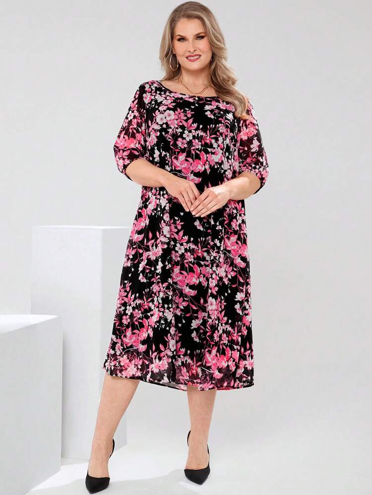 Vestido Elegante Floral de Manga Curta com Gola Redonda para Mulheres Plus Size, Adequado para Férias, Roupas Elegantes Femininas, Conjuntos de Verão para Mulheres/Verão, Roupas de Verão, Roupas Modestas