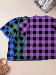 SHEIN LUNE Set de 3 piezas de tallas grandes para mujer con camiseta de manga corta con escote en V, estampado a cuadros colorido - Multicolor - Ver 2