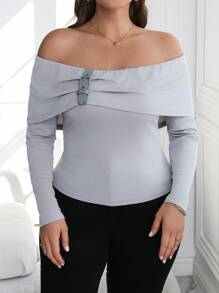 Calvaya Plus Size Women Elegant Gray Knitted Long Sleeve Off Shoulder Decorative Button Slim Fit T-Shirt - Grey - View 6