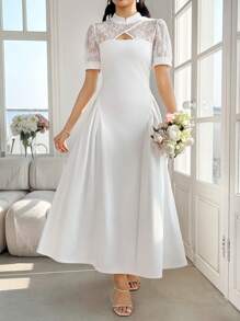Modelyn Vestido de manga larga de alto nivel con cuello alto, plisado y encaje de contraste para mujer, color blanco