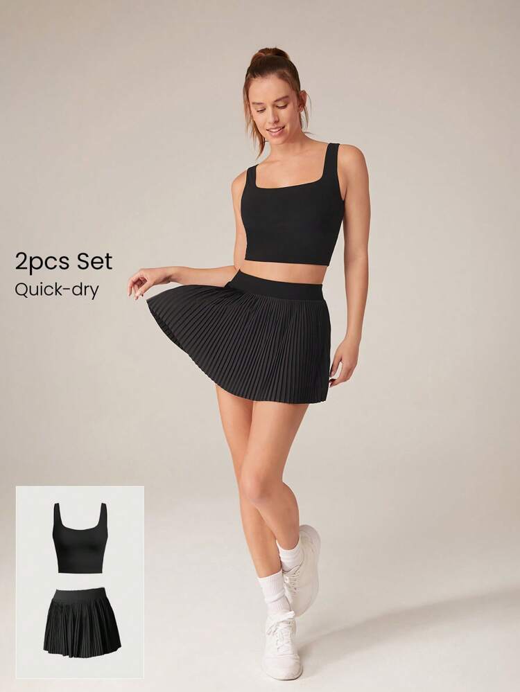 2 Pieces  Quick-Dry Sweat-Wicking U-Back Tank Removable Cups & Pleated Mini Skirt With Built-In Shorts Set Daily Casual Spring Summer