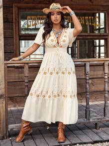 SHEIN LUNE Plus Size Women Digital Print Layered Ruffle Hem Dress, Concert Outfit - Multicolor - View 3