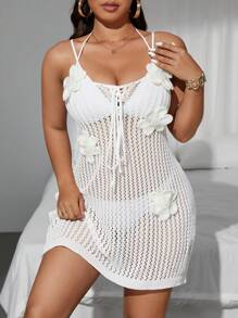 SHEIN Swim Curve Abito copri-bikini da donna taglie forti, con scollo a V, laccetti, decorazione a farfalla e fiore di perle, bianco, per la spiaggia