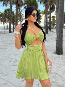 SHEIN SXY Women's Casual Minimalist Design Mini Dress, For Daily Wear,Sun Dresses Women,Resort Women,Ibiza Outfits,,Spring Break,Summer,Beach,Vacation - Green - View 8