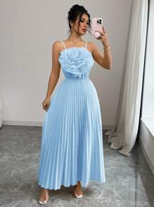 Rafferiza 法式优雅花卉贴花收腰 A 字形连衣裙，黄色，女士，春夏 - 淺藍色 - 查看 5