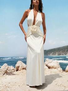 Opulessa Vestido elegante y sexy de mujer con decoración floral 3D y espalda descubierta - Albaricoque - Ver 6