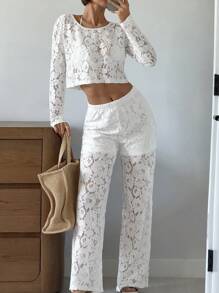 SHEIN Essnce Women's White Sheer Lace Two-Piece Set: Cropped Y2K Top & High-Waisted Wide-Leg Pants | Festival Outfit, Coachella Essentials, Viral Summer 2024 Fashion Boho Casual Loungewear | Suitable For Music Festivals