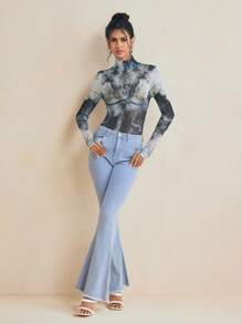 LUSINE BONFIELD 设计师黑白透明印花网眼长拇指袖高领女式休闲上衣 - 黑與白 - 查看 4