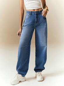 Poéselle 女式宽松口袋翻边阔腿牛仔裤，百搭 - 霧霾藍 - 查看 6