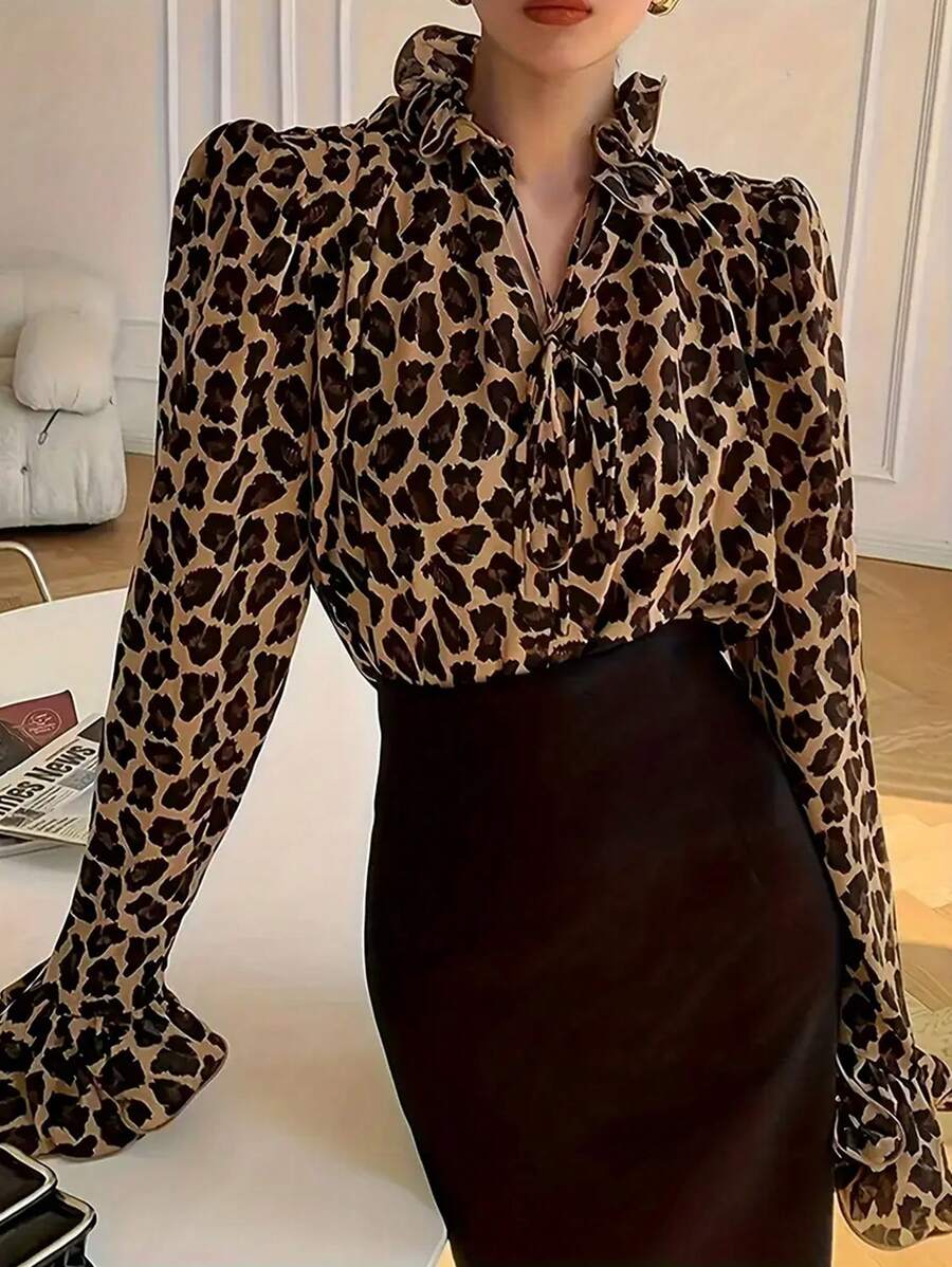 Plus Size Fashionable Commuting Leopard Print Flounce Sleeve Blouse - Multicolor - View 1