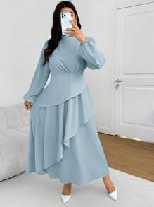 SHEIN Frenchy 加大码杏色连衣裙，带荷叶边下摆，灯笼袖，收腰设计金色裙子长裙女士端庄连衣裙加大码束腰外衣 - 藍色 - 查看 3