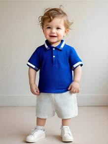 SHEIN Leap Crew 2pcs Set Casual Baby Boy/Girl Contrast Color Striped Detail Half Open Polo Shirt With Elastic Waist Knit Shorts, Suitable For Spring/Summer Everyday Wear - Blue - View 5