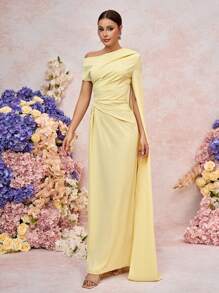 SHEIN Belle Elegant And Romantic Light Yellow Woven Material, Sloping Shoulders, Asymmetrical Sleeves, Floating Panels, Pleated Micro Fishtail Hem, Suitable For Dates, Vacations, Weddings, Events, Back-To-School Season, Graduation Season, Formal Bridesmaid Dress - Yellow - View 6