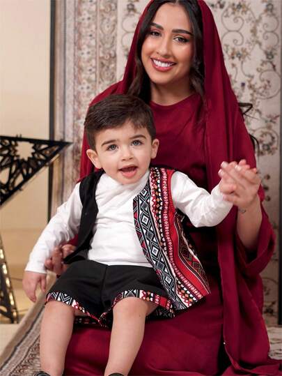 SHEIN 2pcs Baby Boy Retro Print Cardigan Vest And Shorts Set, Casual Daily Outfit, Suitable For Spring And Summer