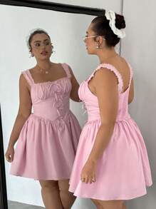 SHEIN EZwear Váy dài đến đầu gối không tay cỡ lớn, điểm nhấn nơ dễ thương, màu hồng - Hồng - Xem 5