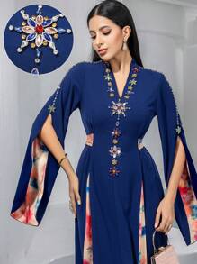 Al Najma 纯色拼布简约休闲花卉刺绣珍珠装饰长裙 - 黑色 - 查看 3