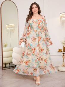 Modelyn Robe chiffon à fleurs marguerite avec encolure carrée, manches longues évasées et taille marquée pour femmes grande taille