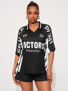 SHEIN SXY Women's Summer Black & White Letter Print Casual Tracksuit,Short Sleeve Polo T-Shirt & Wide Leg Shorts 2pcs Set,Streetwear City Break Game Viewing - Black - View 2