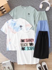 SHEIN 6 pièces/set Garçon préadolescent Décontracté Ample Ensemble de t-shirt à col rond à manches courtes et short avec motif de teinture à la cuve et imprimé de palmier. Convient pour le trajet, l'école, le casual quotidien, le sport, le printemps/été, les vacances - Multicolore - Voir 2