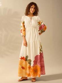 CAJUNI Women's Boho Floral Print Hollow Strap Bubble Sleeve Dress, Vacation Casual Tropical Beach Dress
