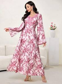 Al Najma 女式花卉撞色蕾丝长袖阿拉伯风格连衣裙，端庄 - 粉色 - 查看 5