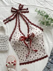 Soleia 度假碎花蕾丝边蝴蝶结露背吊带上衣 - 紅白色 - 查看 1