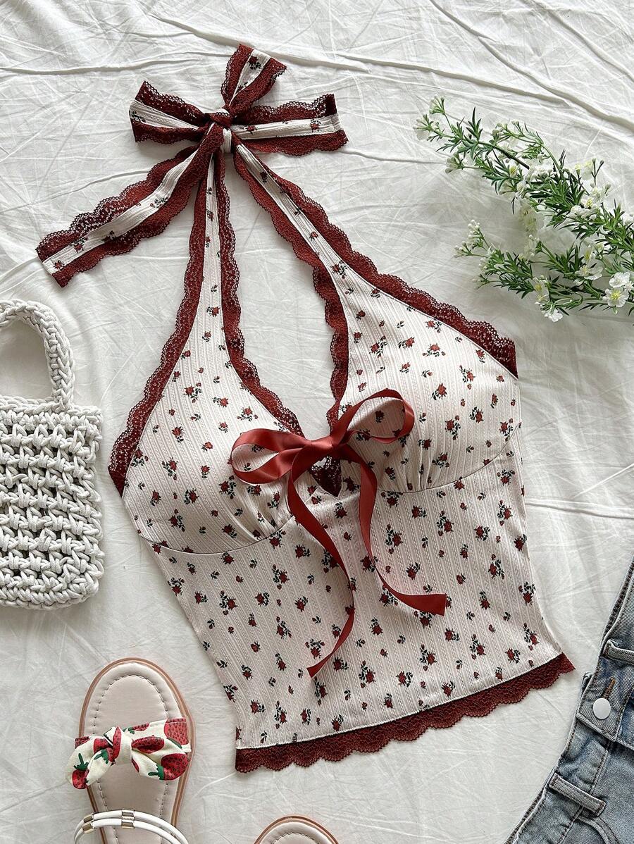 Soleia 度假碎花蕾丝边蝴蝶结露背吊带上衣 - 紅白色 - 查看 1