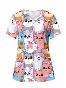 PopScrub ملابس علوية برقبة قلب على شكل V مزين بطبعة الزهور القطط الحظ الكرتونية الطباعة، طقم جاكيت الممرضة،طقم زي الممرضة، فساتين ممرضة، جاكيت لحجرة الفحص، جاكيت خارجي مطبوع برقبة V مزين بشعار مجهر ، ملابس علوية كاجوال قصيرة الأكمام لارتداء العمل، ملابس علوية مكشكشة برقبة قلب على شكل V للنساء، ملابس علوية زي الممرضة مع 2 جيب برقبة V قصير الأكمام ناعم مطاطي مزين برسم - متعدد الألوان - مشاهدة 6