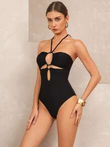 SHEIN Swim 1 pieza Traje de baño de una sola pieza para mujer con textura de punto para vacaciones de verano - Negro - Ver 3